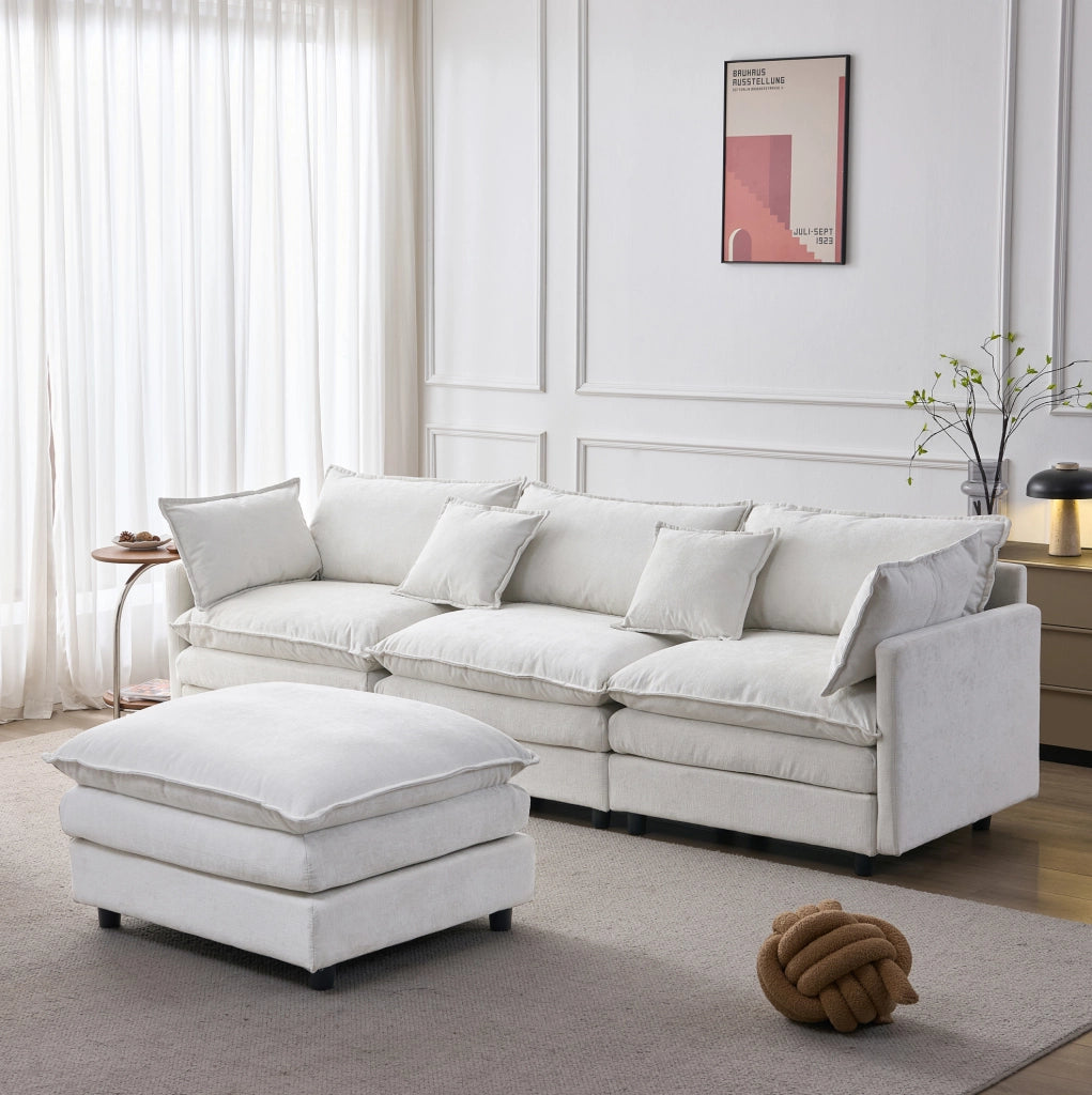 Divano angolare modulare a L 3 posti con chaise longue e pouf in tessuto chenille premium