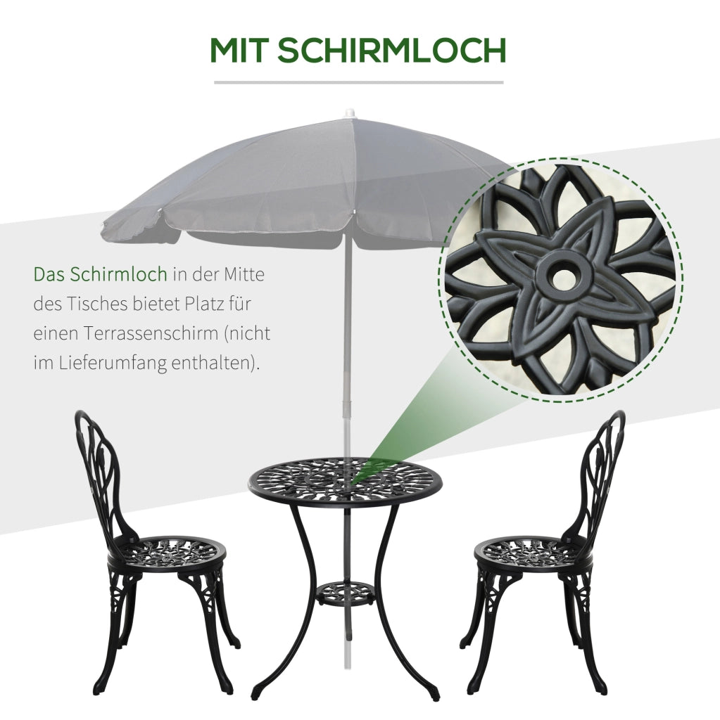 Set bistrot da esterno in alluminio nero con tavolo e 2 sedie