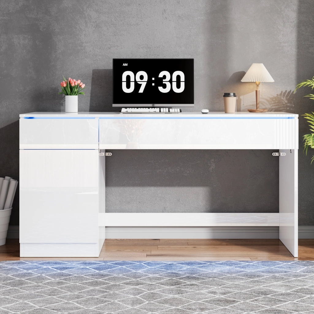 Scrivania con LED due cassetti e vano con anta in truciolare bianco lucido per home office 120 × 50 × 78 cm