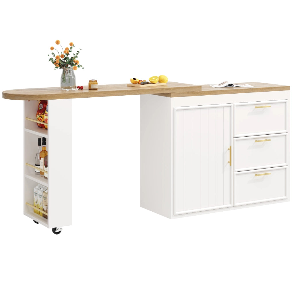 Tavolo da pranzo girevole con 3 cassetti, ripiani regolabili e mensola laterale, bianco, 128-203 × 39 × 90 cm