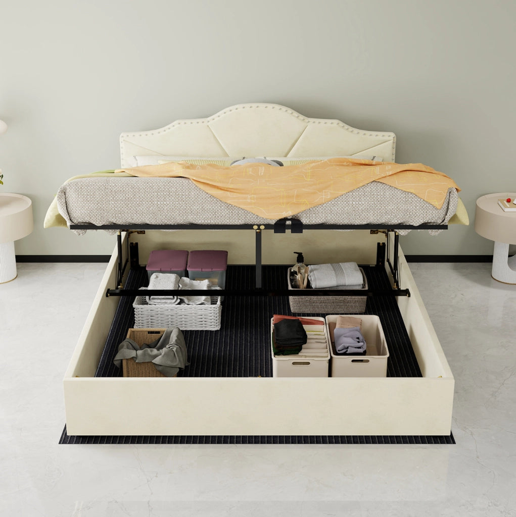 Letto moderno minimalista 160x200 cm beige con testiera imbottita e struttura contenitore con pistone pneumatico, materasso incluso