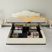 Letto moderno minimalista 160x200 cm beige con testiera imbottita e struttura contenitore con pistone pneumatico, materasso incluso