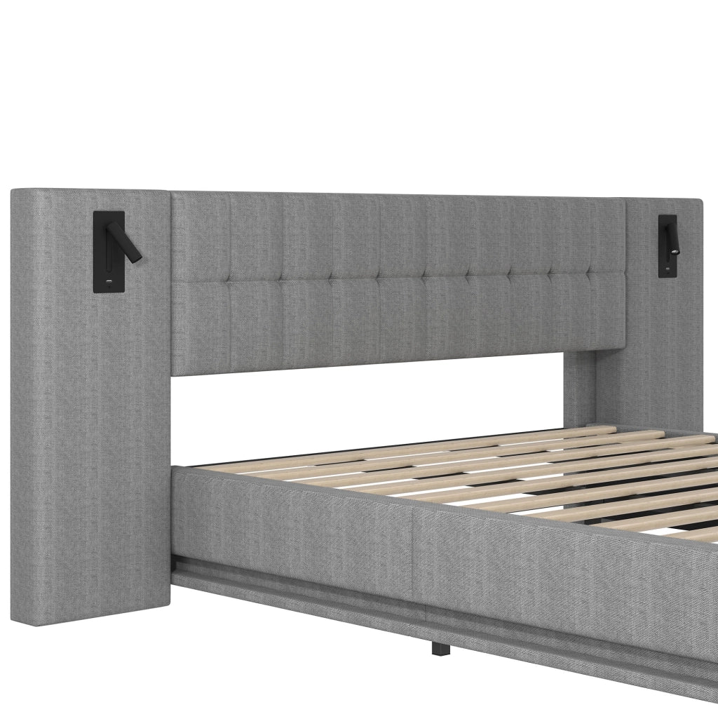 LETTO Imbottito 180x200 cm Grigio con LED, USB e spot, senza materasso