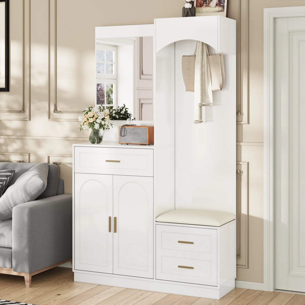 Mobile guardaroba compatto con scarpiera; specchio e panca; 110 ¡Á 33 ¡Á 185.5 cm; MDF bianco