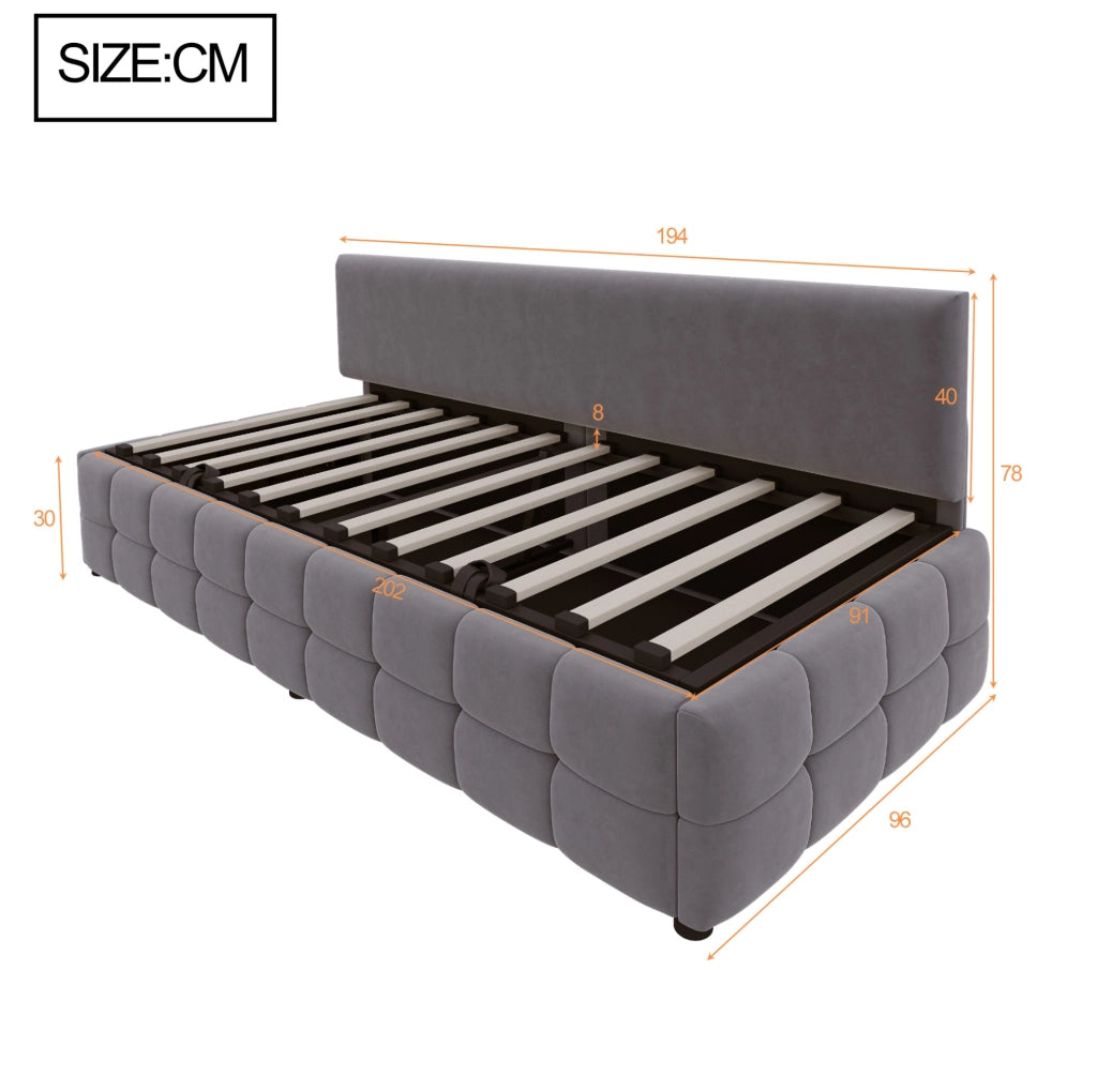 Letto singolo imbottito 90x200 cm con contenitore idraulico, velluto grigio scuro
