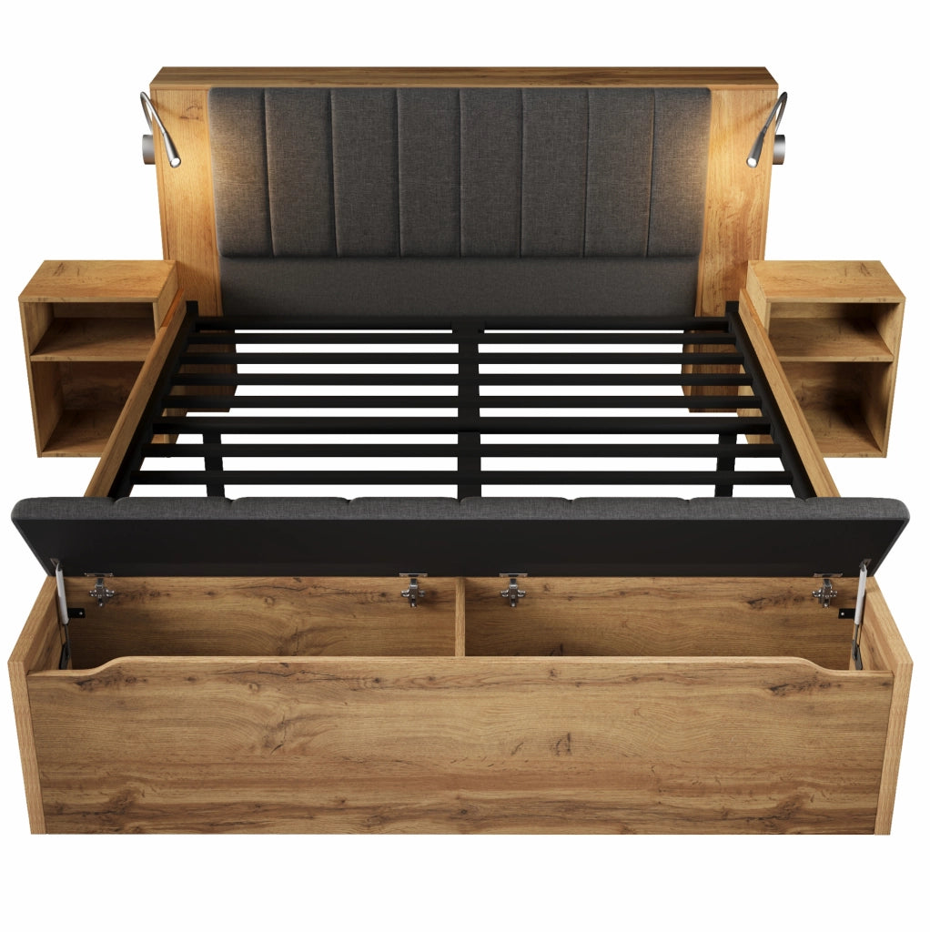 Letto matrimoniale 160x200 cm con comodini; panca contenitore e lampade USB effetto rovere HOMVRA
