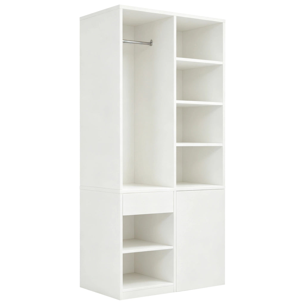 Armadio con cassetti, ripiani aperti e barra appendiabiti per camera da letto, in MDF bianco, 70 × 50 × 170 cm