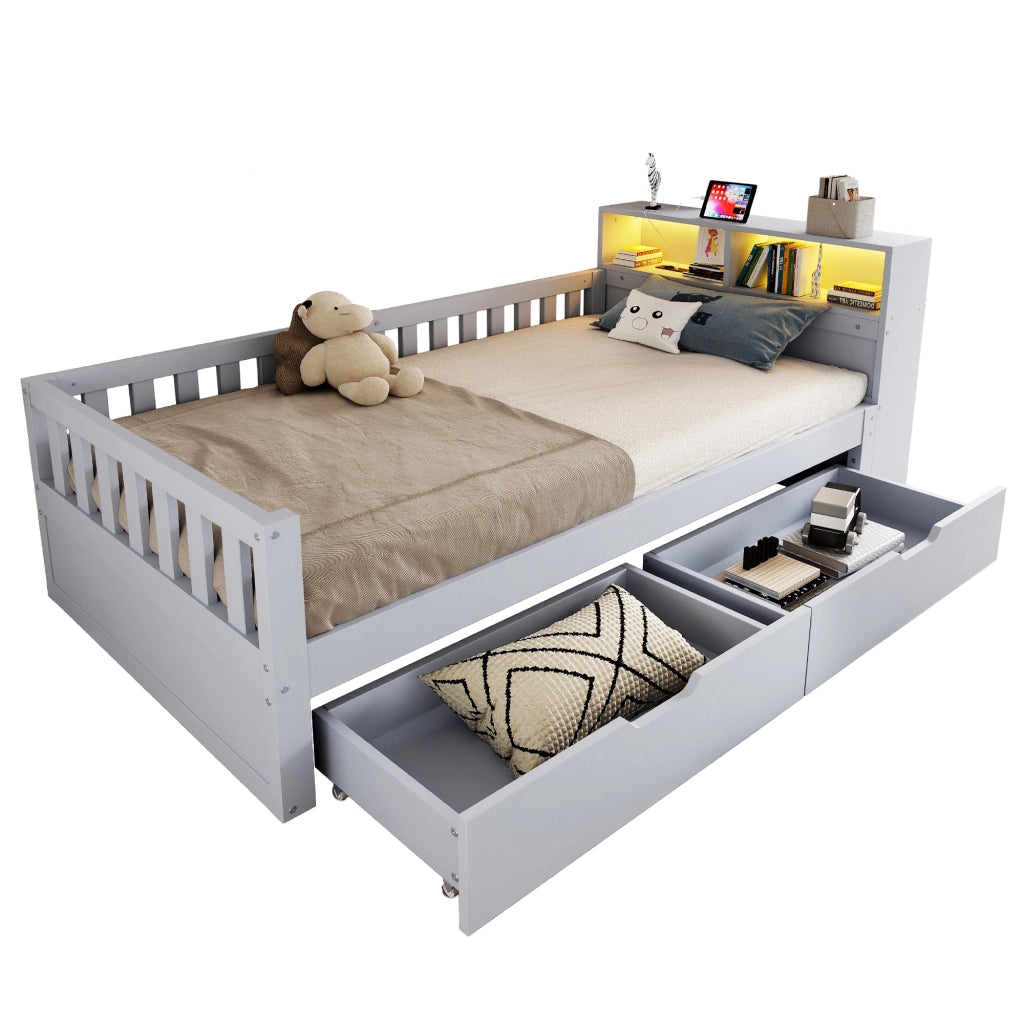 Letto singolo 90x200 cm grigio con cassetti; vani portaoggetti; sponde; LED e presa