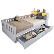 Letto singolo 90x200 cm grigio con cassetti; vani portaoggetti; sponde; LED e presa
