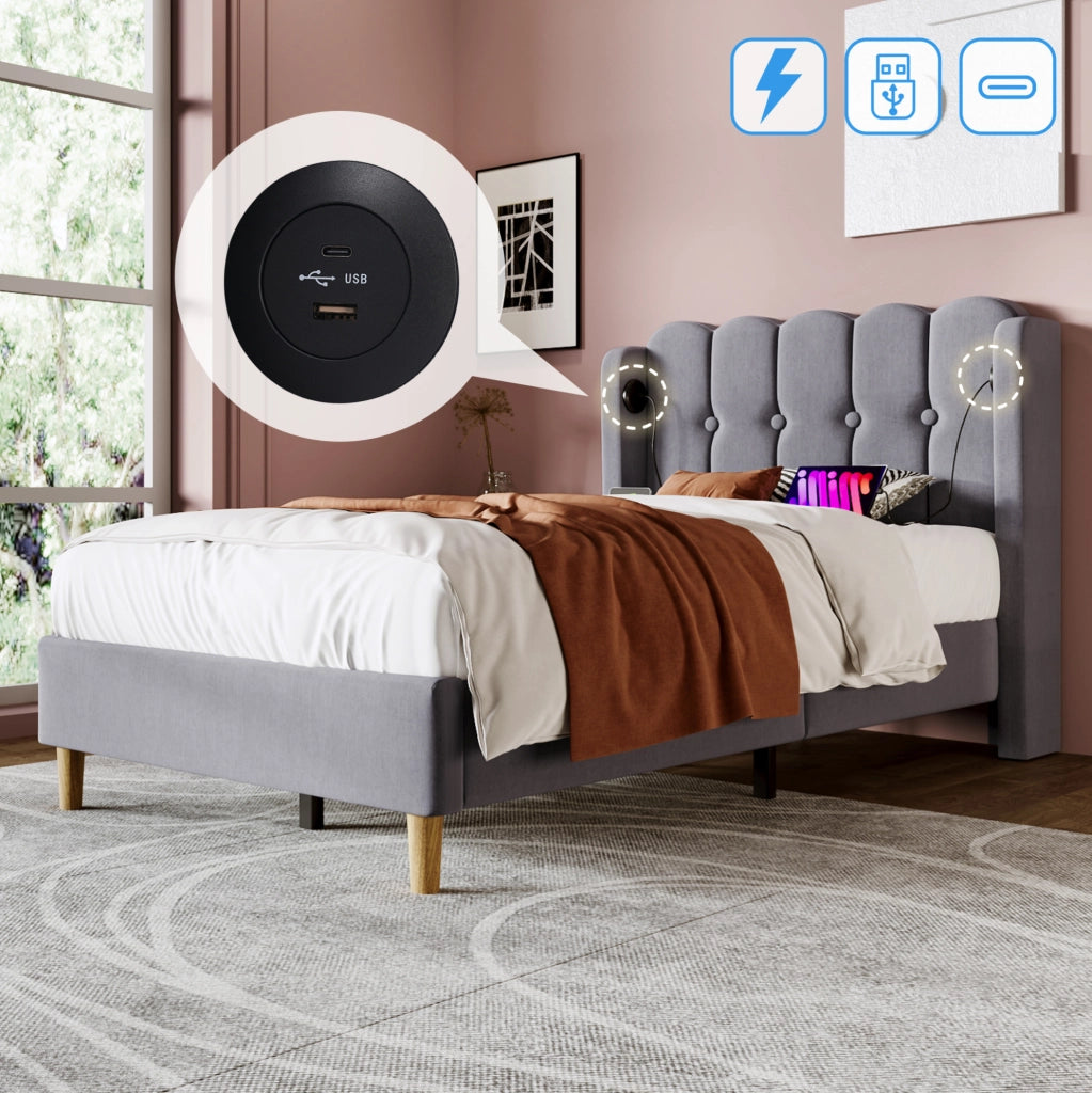 Letto singolo imbottito grigio con ricarica USB e Tipo-C 90x200 cm