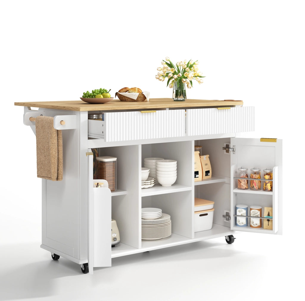 Isola da cucina su ruote 120x45 cm con piano di lavoro ribaltabile, 2 cassetti, 2 ante, portastoviglie e portasciugamani, bianco