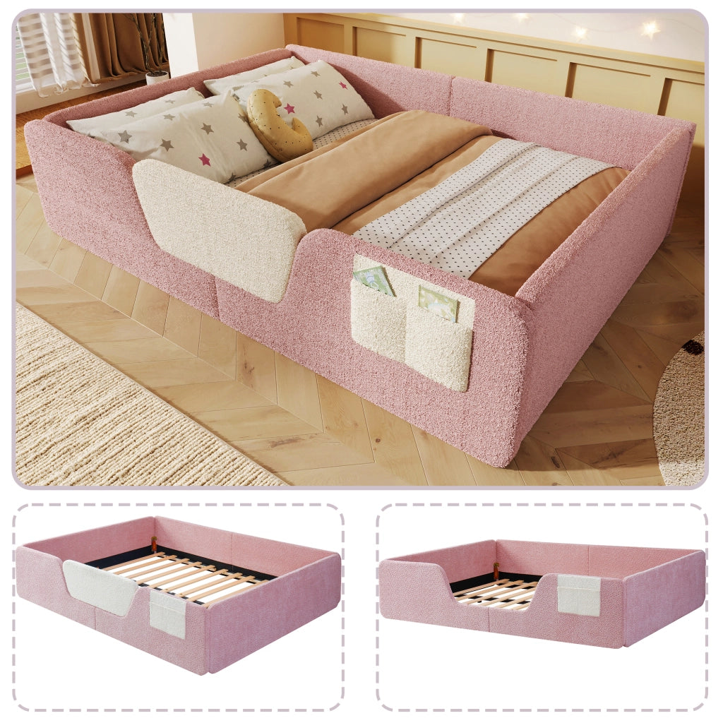Letto per bambini imbottito 140 ¡Á 190 cm in velluto rosa con sponde removibili e tasca portaoggetti