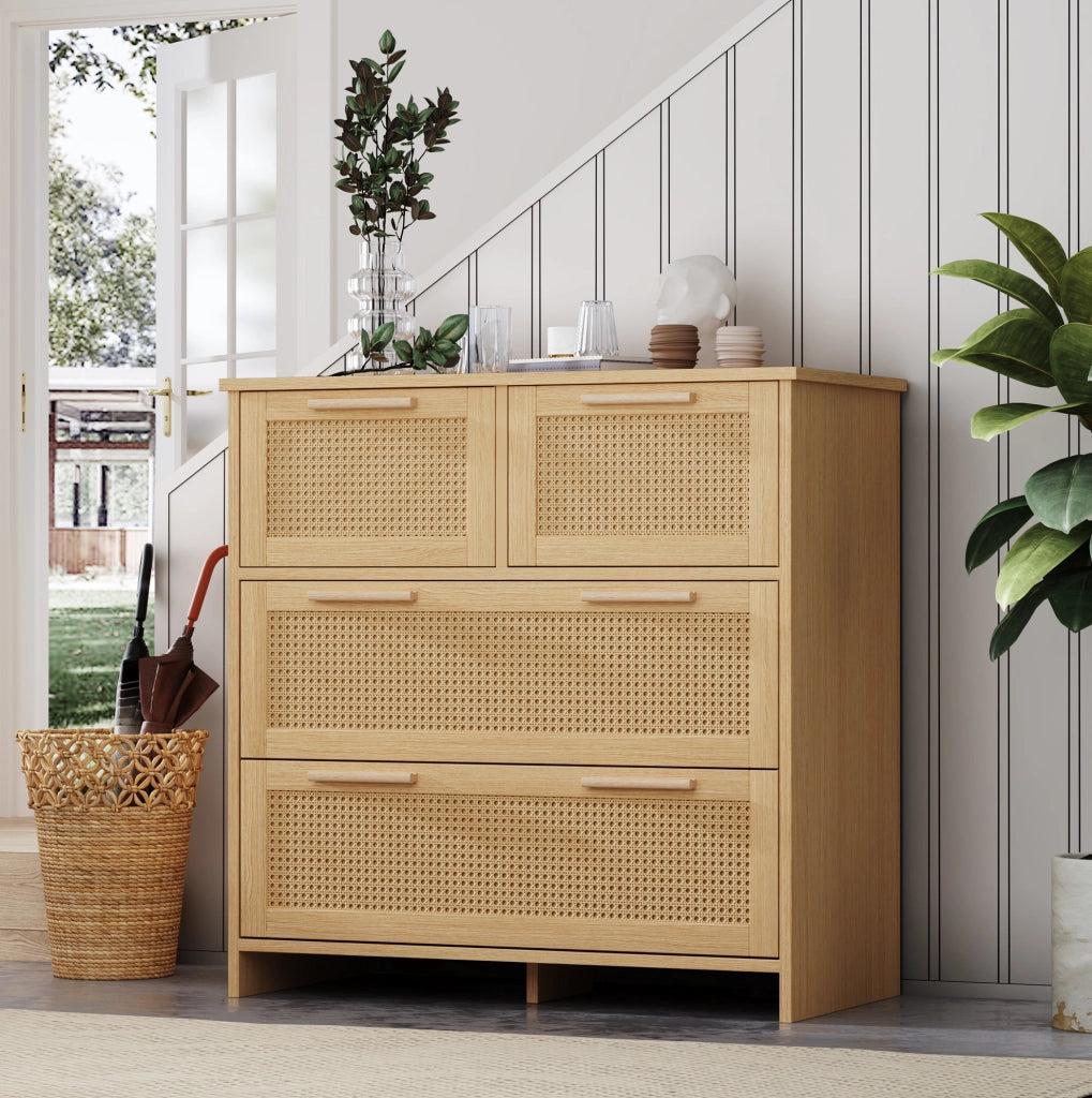 Cassettiera in MDF effetto rattan naturale con 4 cassetti 80x80x38 cm