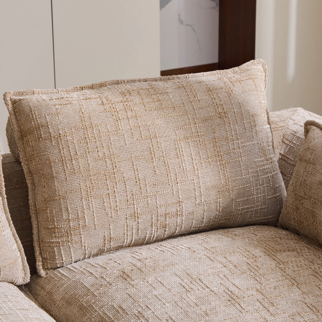 Divano modulare 4 posti in tessuto chenille kaki con 2 pouf, cuscini, portabicchieri e tasche laterali