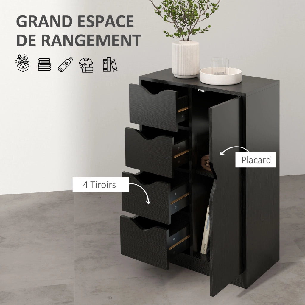 Credenza in legno con 1 anta e 4 cassetti, mobile contenitore nero salvaspazio per soggiorno e cucina, robusto