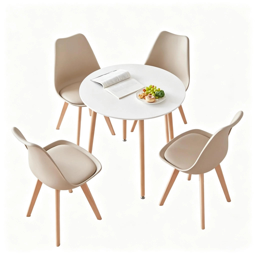 Set tavolo e sedie 5 pezzi con tavolo rotondo e 4 sedie in plastica legno e similpelle per cucina e sala da pranzo