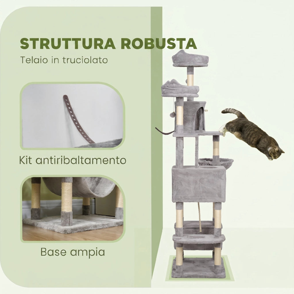 Albero per Gatti 60x50x206A cm con 4 Pali Graffiatoi Cesti Amache per 1-3 Gatti 6 kg in Peluche e Sisal Grigio Chiaro