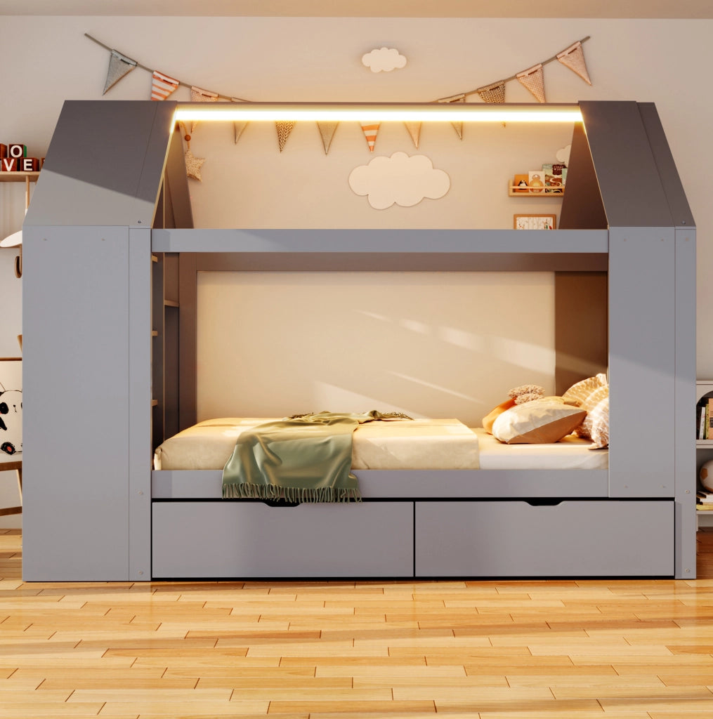 Letto a casetta 90x200 cm grigio con LED, cassetti e vani portaoggetti
