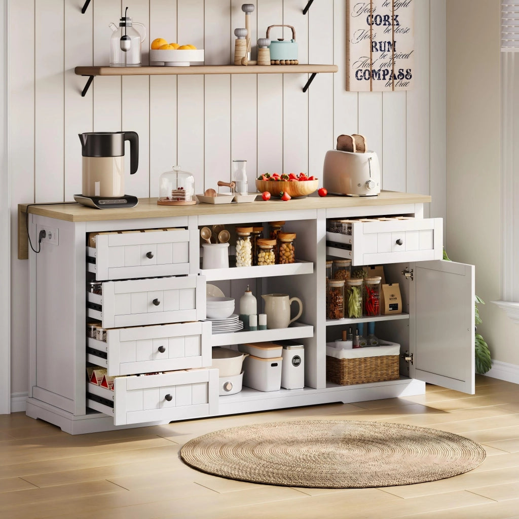 Credenza con piano ribaltabile 5 cassetti 2 ripiani estraibili prese e USB bianco naturale 150 × 65 × 75.5 cm