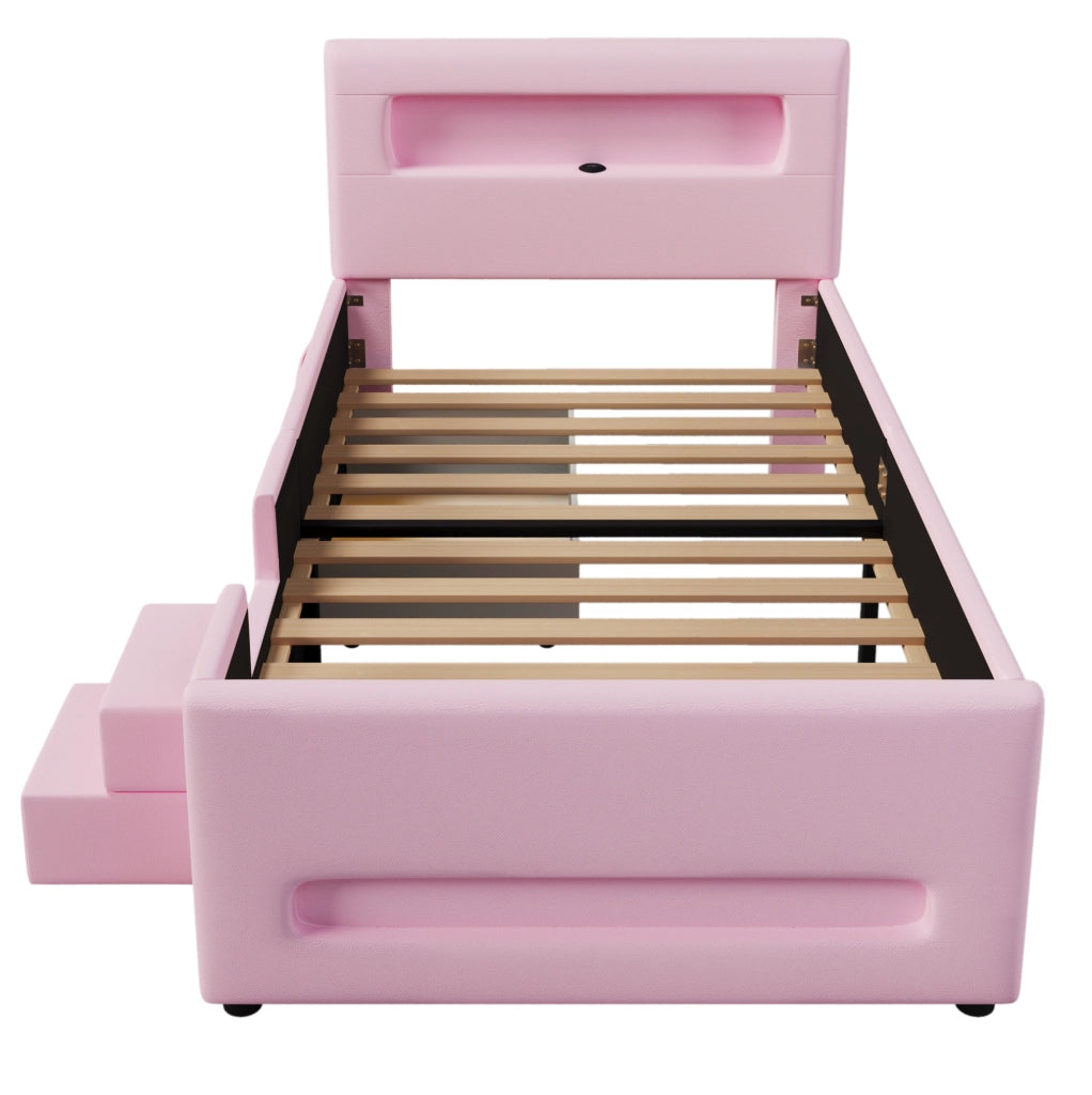 Letto imbottito 90x200 cm con cassetto estraibile e LED in PU e MDF rosa
