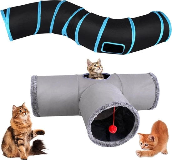 Tunnel per gatti 2 pezzi a forma S a 3 vie labirinto giocattolo per gatti conigli e piccoli animali (blu grigio)