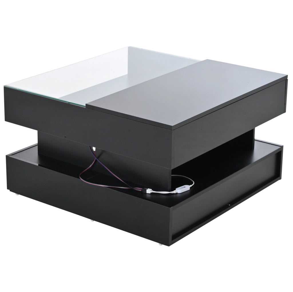 Tavolino da salotto 80x80x45 cm sollevabile con LED e 2 cassetti nero