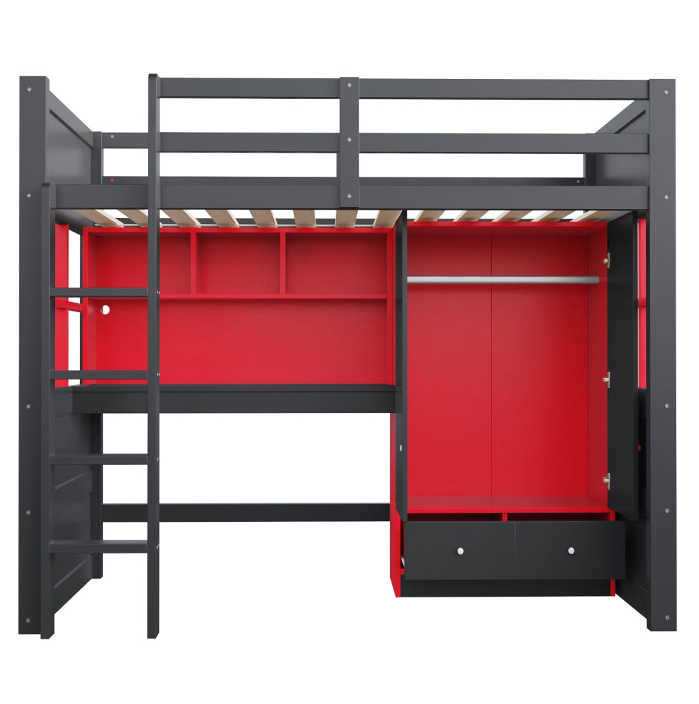 Letto a soppalco per bambini 90x200 cm con scala, armadio, cassetti e scrivania integrata, colore nero e rosso