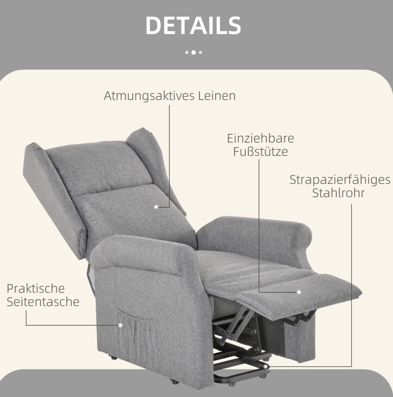 Poltrona Relax con Funzione Alzapersone e Recliner Elettrico, 72,5x94x109 cm, Grigio, Portata 200 kg