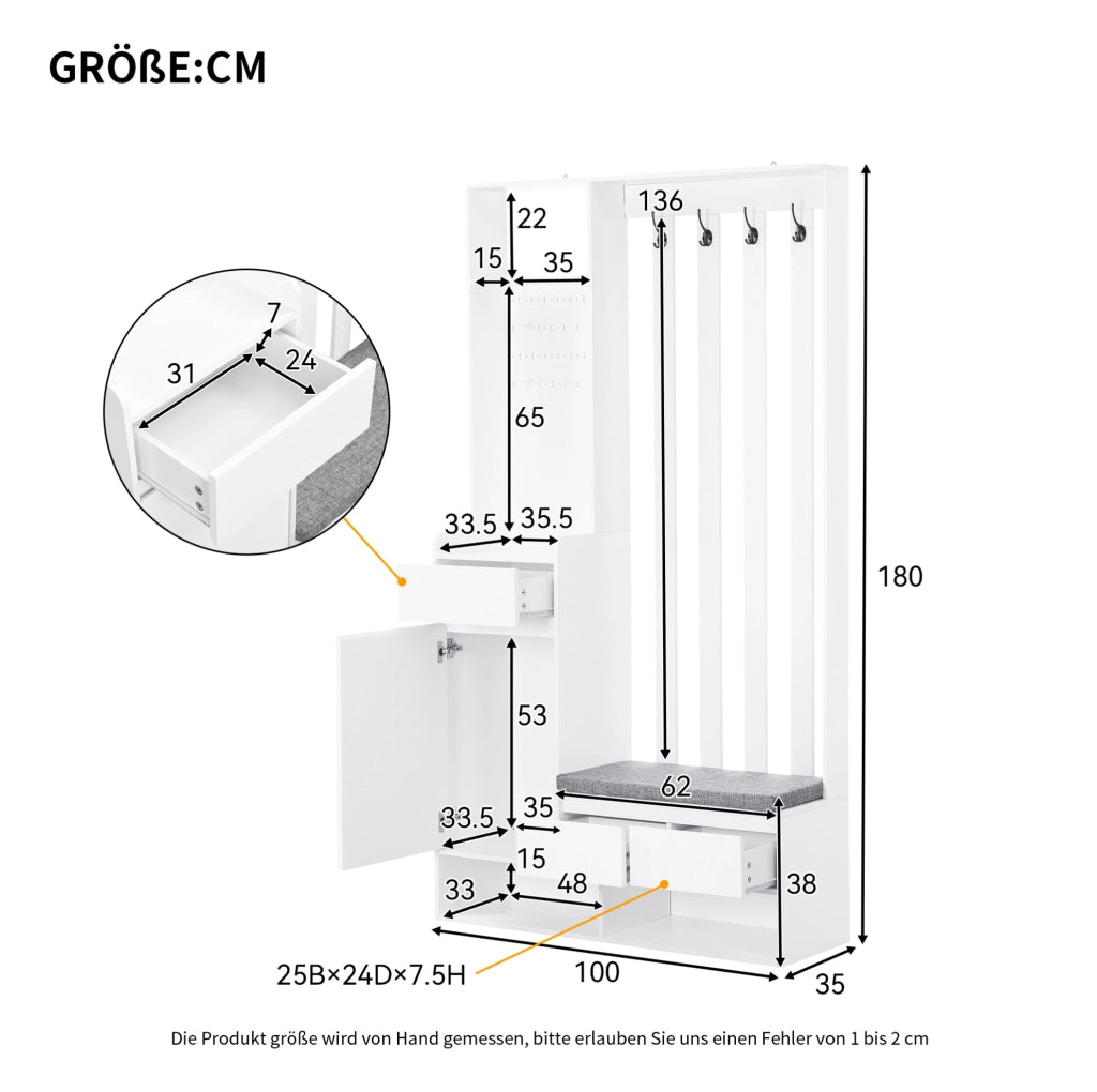 Panca contenitore bianca con appendiabiti a parete e 4 ganci, mobile ingresso multifunzione in MDF H180xL100xP35 cm