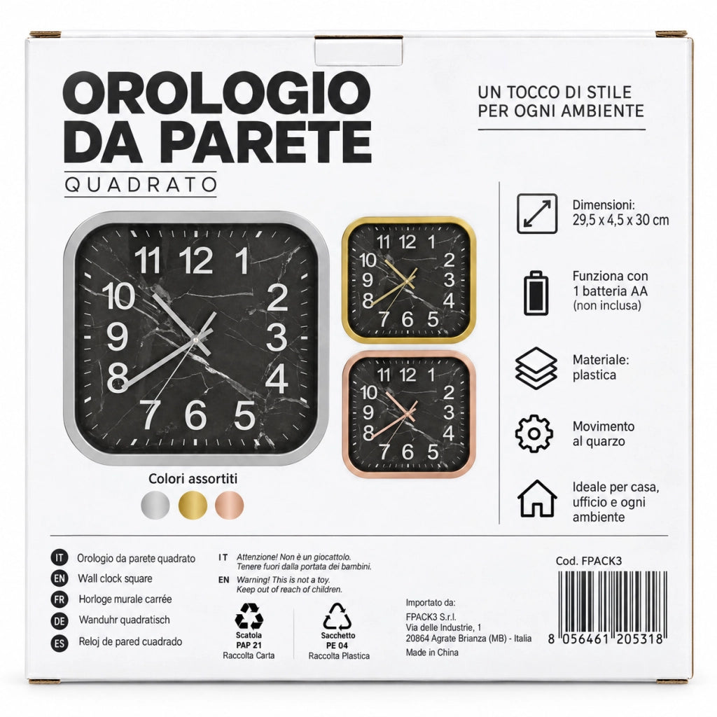OROLOGIO PARETE QUADRATO 28CM EFFETTO MARMO MODERNO VARI COLORI CASA STUDIO