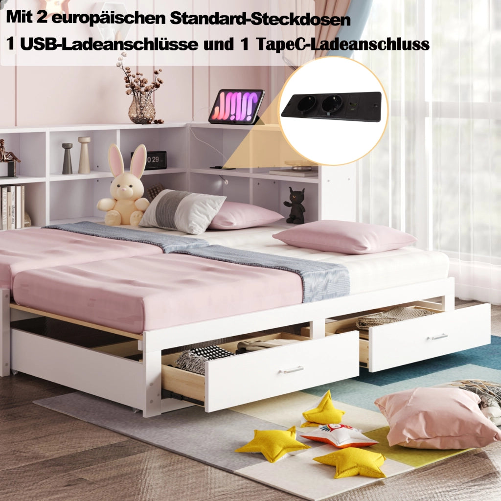 Letto con letto estraibile 90 × 190 cm estensibile a 180 × 190 cm con cassetti e prese multifunzione bianco