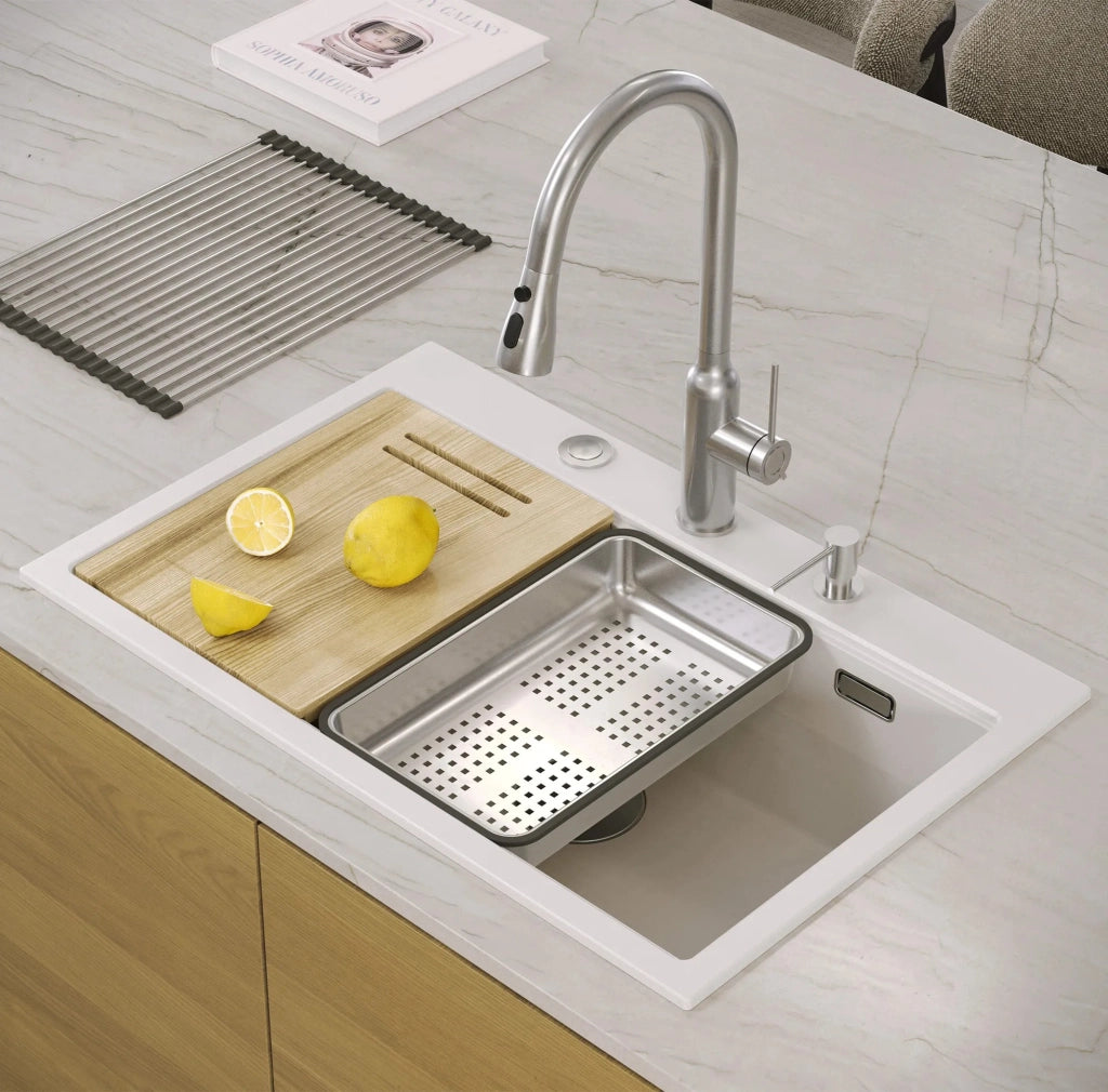 Lavello In Granito Marc 110 Workstation White Tappo rame spazzolato