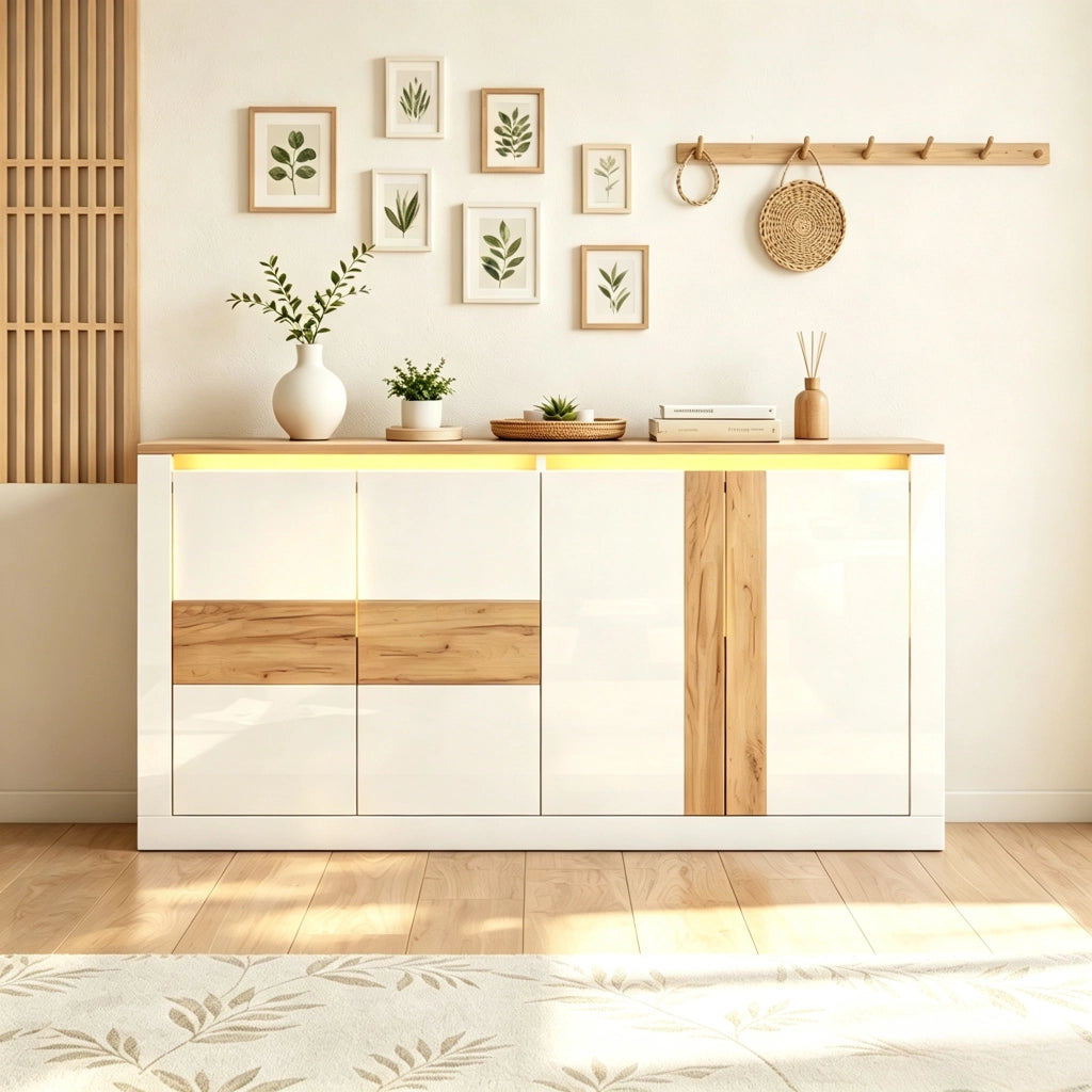 Credenza Bianca Lucida 140 cm con LED RGB; Mobile Soggiorno 4 Ante in MDF; Finitura Rovere