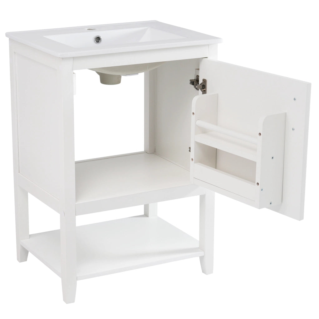 Mobile bagno a pavimento bianco in MDF con lavabo in ceramica e ripiani interni