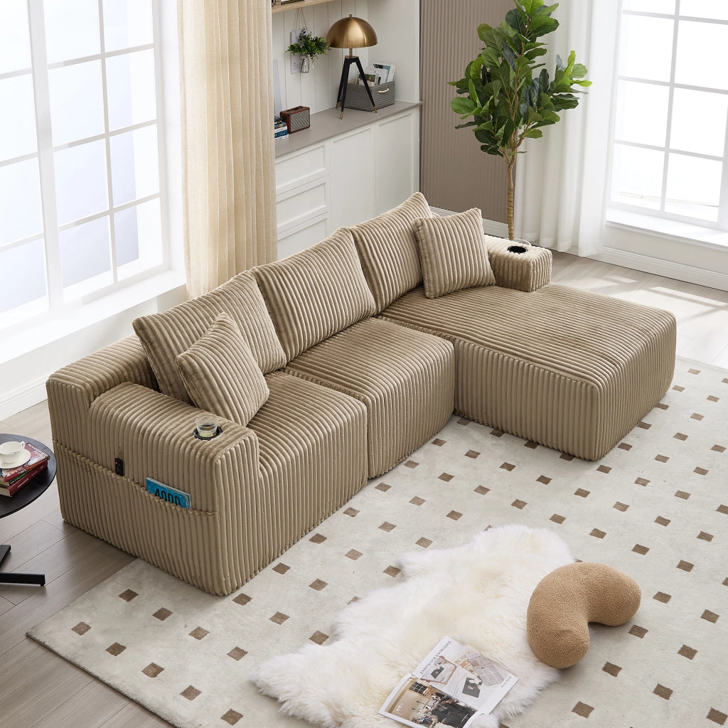 Divano modulare con chaise longue e 2 posti - con tasche laterali e portabicchieri - kaki