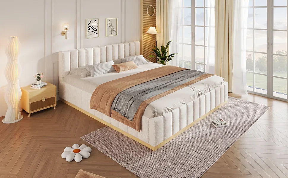 Letto matrimoniale imbottito 140x200 cm, beige chenille, testiera imbottita, rete a doghe, sollevamento idraulico, striscia LED. Senza materasso