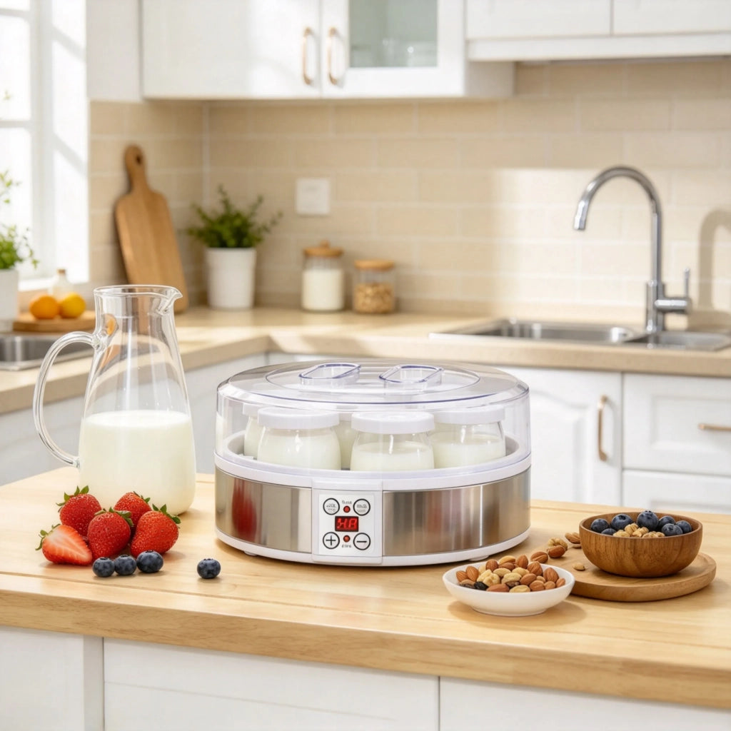 Yogurtiera elettrica in acciaio inox con 7 vasetti da 180 ml, termostato regolabile per yogurt fatto in casa (solo yogurtiera)