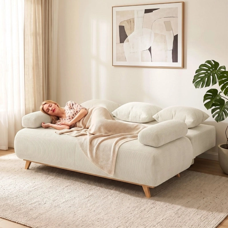 Divano letto 2 posti con schienale regolabile, funzione letto e contenitore nascosto, rivestimento in corda beige