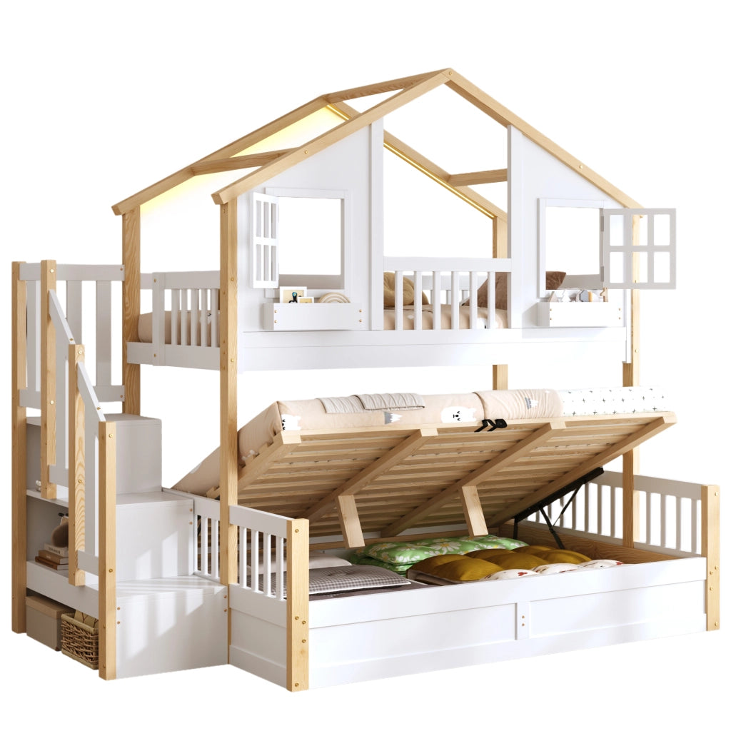 Letto a castello per bambini 90 × 200 cm e 140 × 200 cm in legno bianco con LED e scala contenitore
