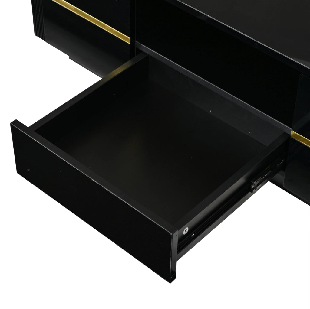 Tavolino da caffè moderno in MDF nero con LED, 100x50x35,5 cm, 2 ante, 1 cassetto, finiture dorate