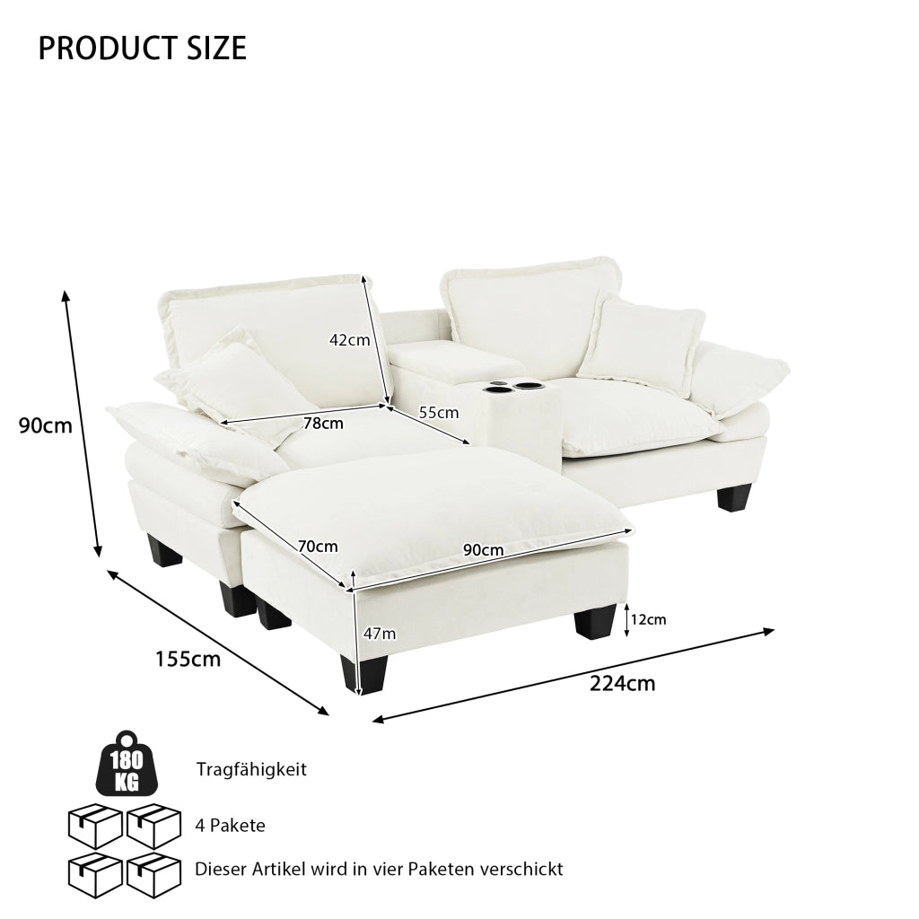 Divano Angolare Modulare con Ottomane ¨C MINIMAL ¨C Chenille Beige, Portabicchieri, USB, Cuscini