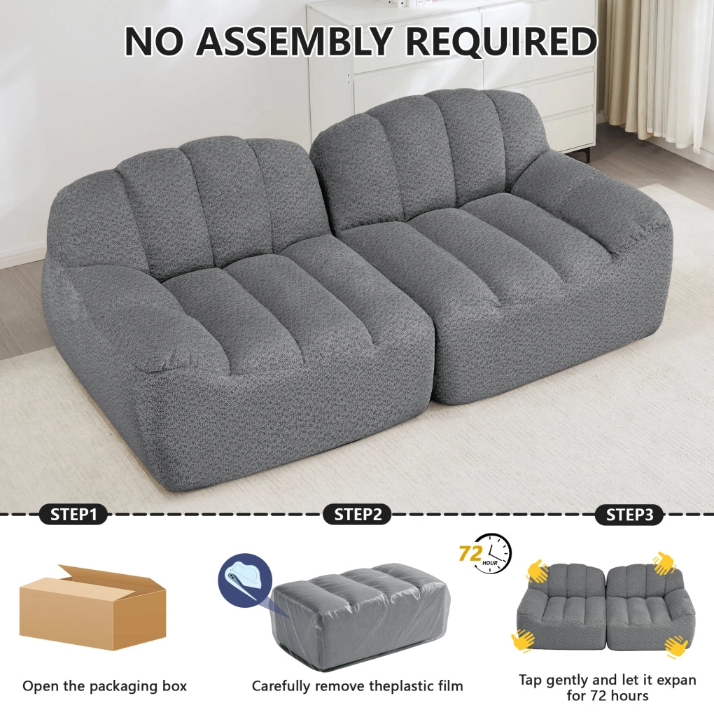 Divano modulare senza struttura a 2 posti a forma di L con pouf, cuscini profondi, grigio