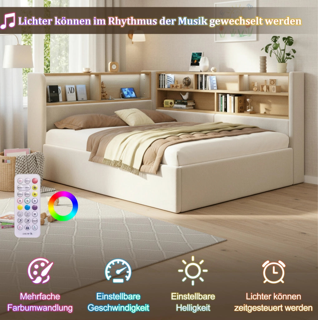 Letto imbottito con contenitore idraulico LED e USB-C, beige