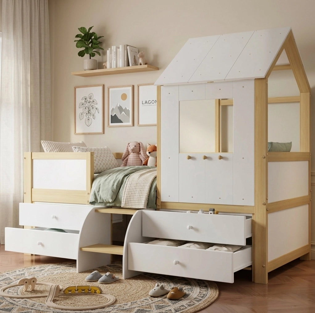 Letto a casetta semi-alto con cassetti