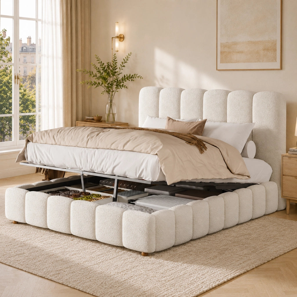 Letto contenitore 140x190 cm; matrimoniale con contenitore idraulico; rete a doghe; testiera capitonné; bouclé; bianco