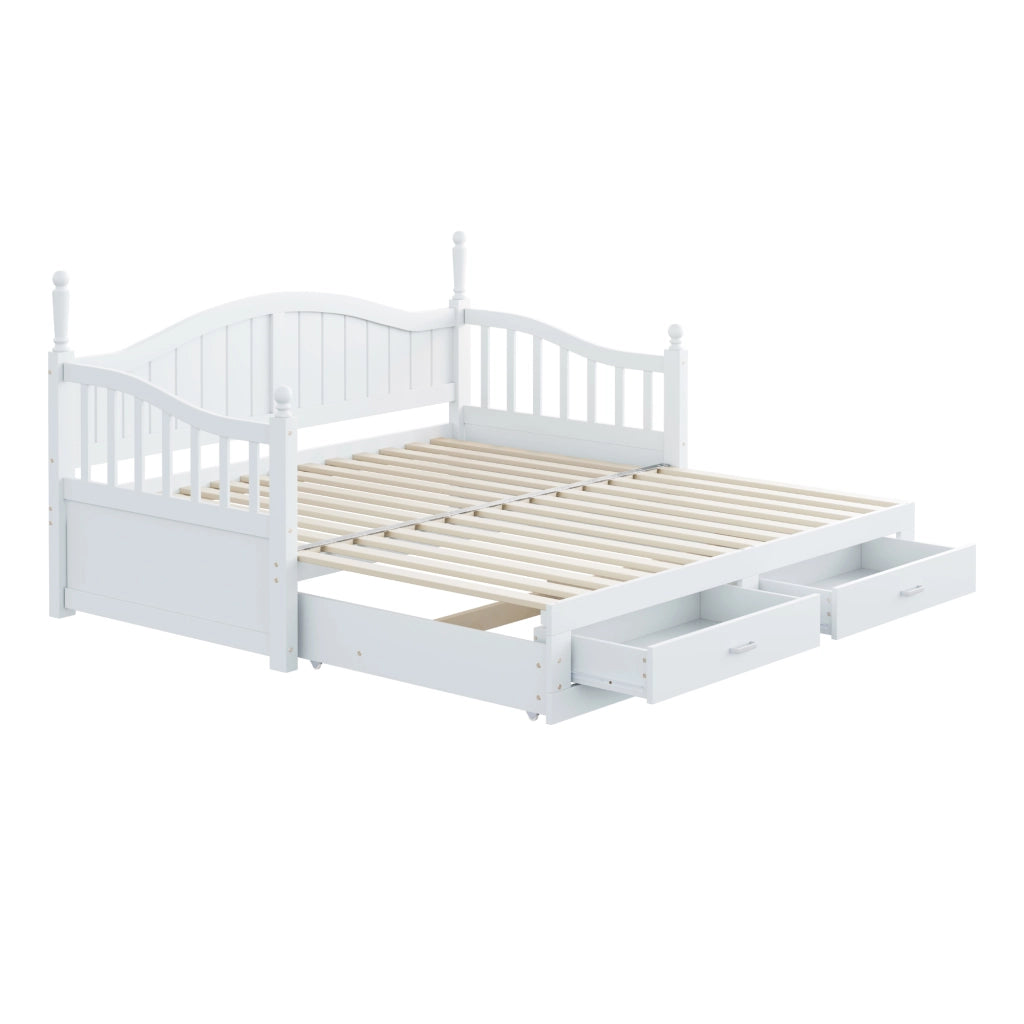 Letto estraibile singolo 90×190 cm e 180×190 cm con 2 cassetti e rete; senza materasso; legno; bianco