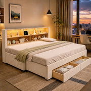 Letto con cassetti 90 × 200 cm estraibile fino a 180 × 200 cm in velluto beige con LED e porte USB
