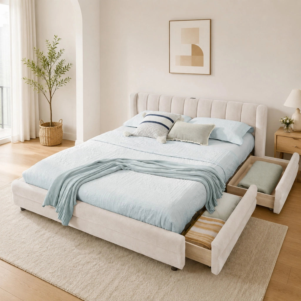 Letto 140x200 cm con 4 cassetti laterali, USB e USB-C in ciniglia beige