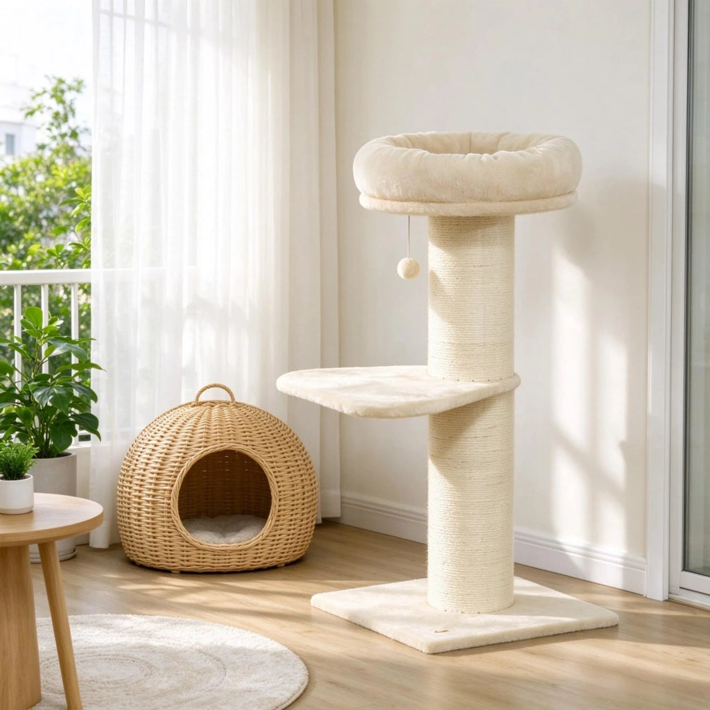 Tiragraffi per gatti con sisal naturale, 2 piattaforme, cesto panoramico, giochi e palla di peluche pendente (solo albero per gatti)