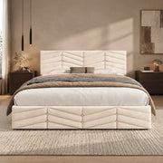 Letto imbottito 140x200 cm con rete a doghe e testiera regolabile in velluto beige